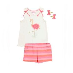 Tommy Bahama Flamingo Tank Top & Striped Shorts Set w/ Hair Bow Girls S 5/6 Pink